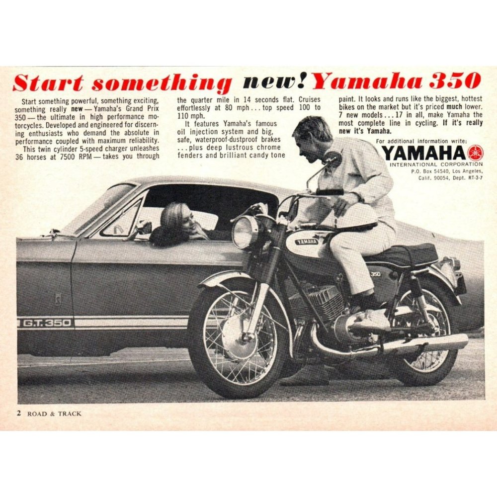 1967 Yamaha Grand Prix 350 Motorcycle Vintage Print Ad Mustang 350 GT Wall Art